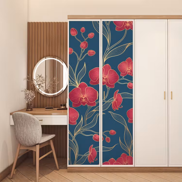Deursticker - Bloemen - Rood - Goud - Bloemen - Rood - Goud deurposter klein