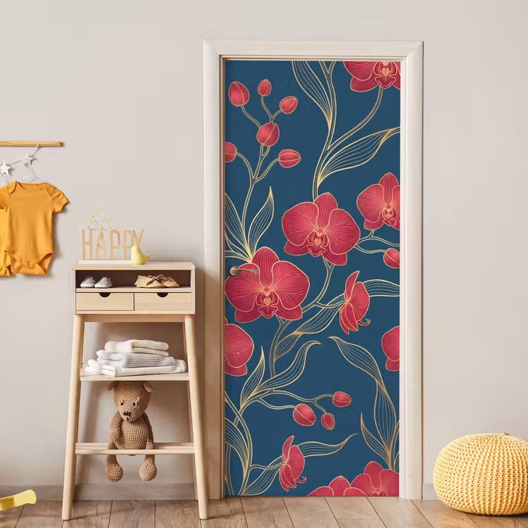 Deursticker - Bloemen - Rood - Goud - Bloemen - Rood - Goud deurposter klein
