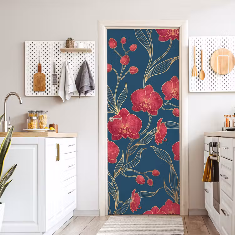 Deursticker - Bloemen - Rood - Goud - Bloemen - Rood - Goud deurposter klein