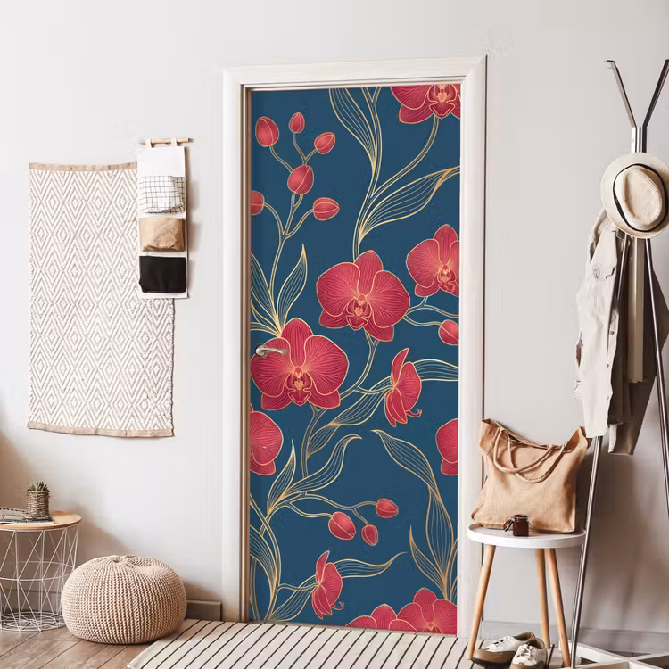 Deursticker - Bloemen - Rood - Goud - Bloemen - Rood - Goud deurposter klein