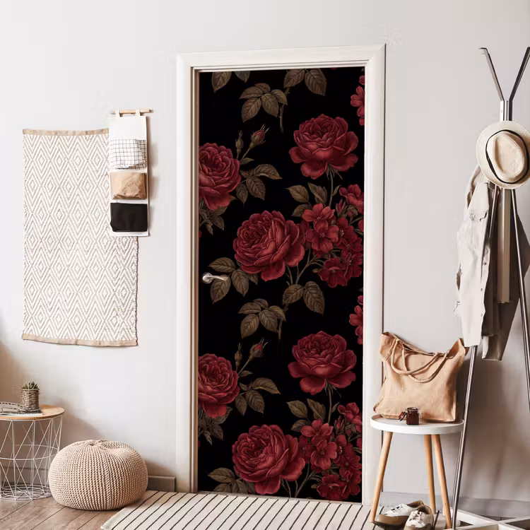 Bloemen - Roos - Patroon - Klassiek - Rood deurposter klein -sfeer6