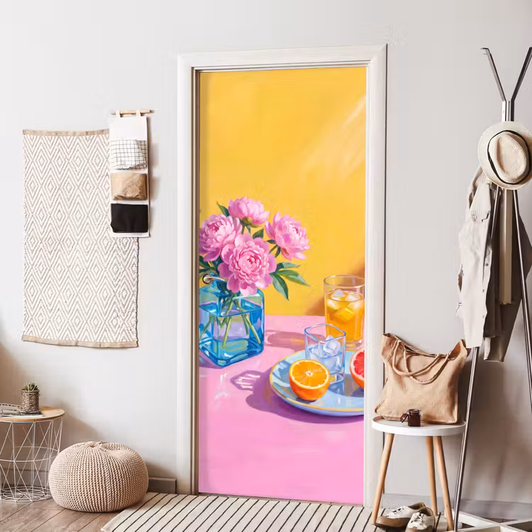 Deursticker - Bloemen - Roze - Modern - Bloemen - Roze - Modern deurposter klein