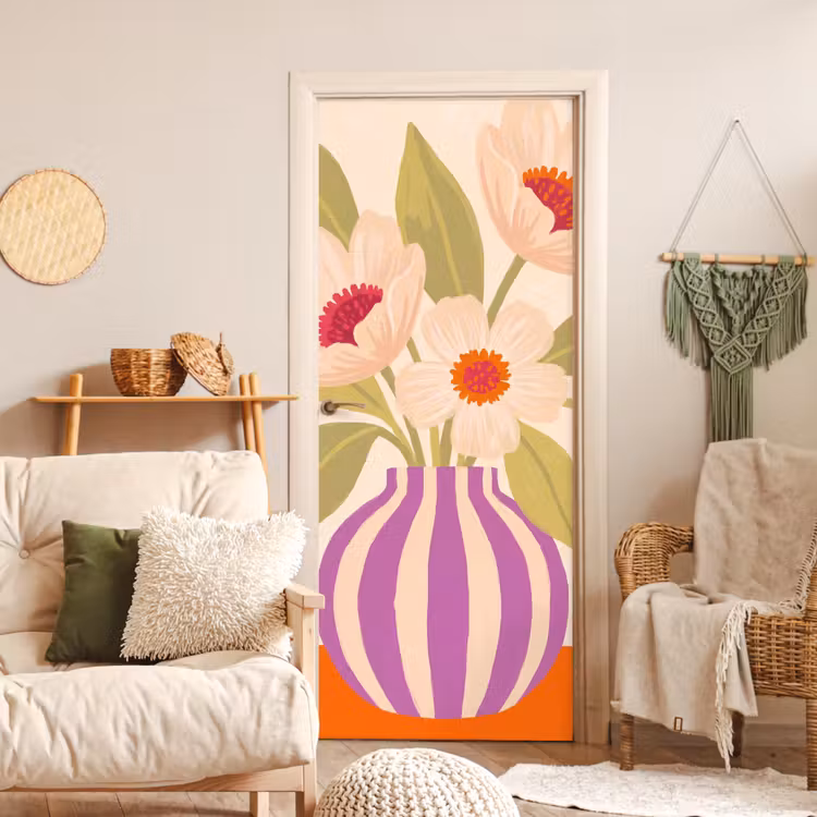 Bloemen - Vaas - Abstract - Paars - Oranje deurposter klein -sfeer2