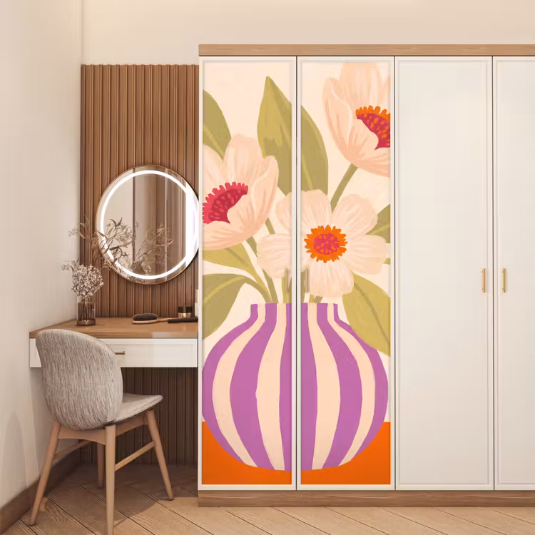 Bloemen - Vaas - Abstract - Paars - Oranje deurposter klein -sfeer3