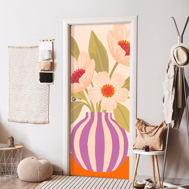 Bloemen - Vaas - Abstract - Paars - Oranje deurposter klein -sfeer6