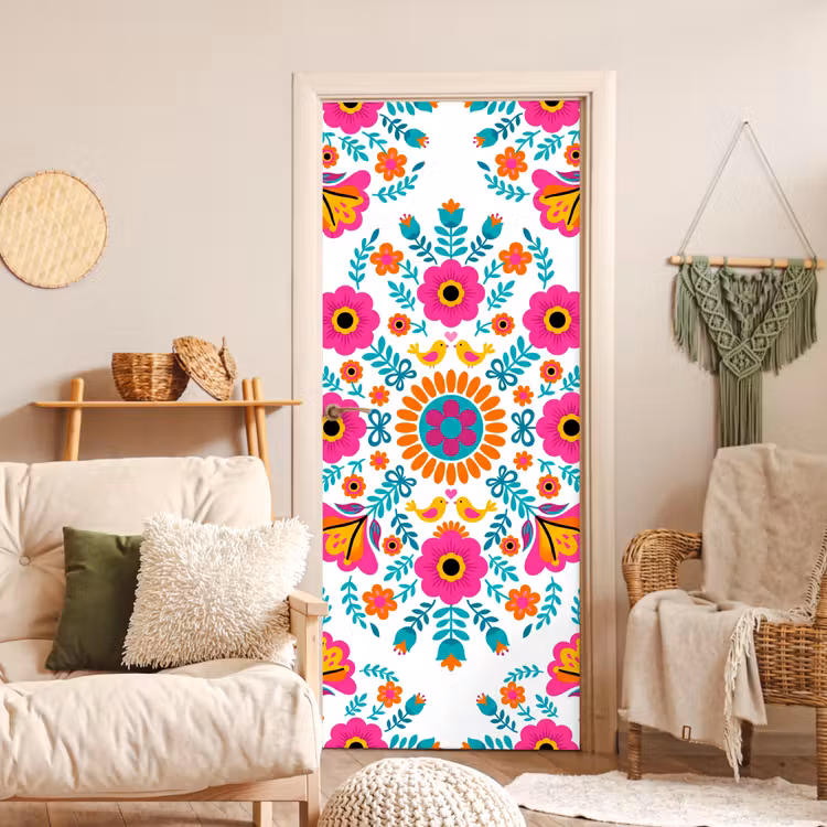 Bloemen - Vogel - Patroon - Kleurrijk - Modern deurposter klein -sfeer2