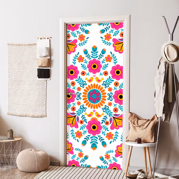 Bloemen - Vogel - Patroon - Kleurrijk - Modern deurposter klein -sfeer6