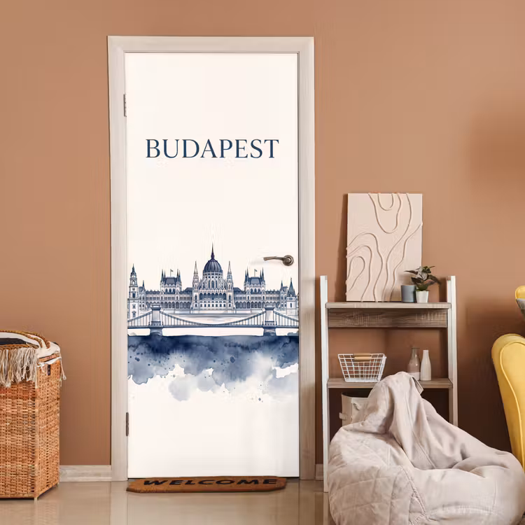 Boedapest - Skyline - Architectuur - Aquarel - Blauw deurposter klein -sfeer1