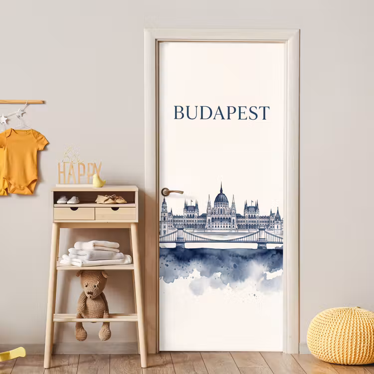 Boedapest - Skyline - Architectuur - Aquarel - Blauw deurposter klein -sfeer4