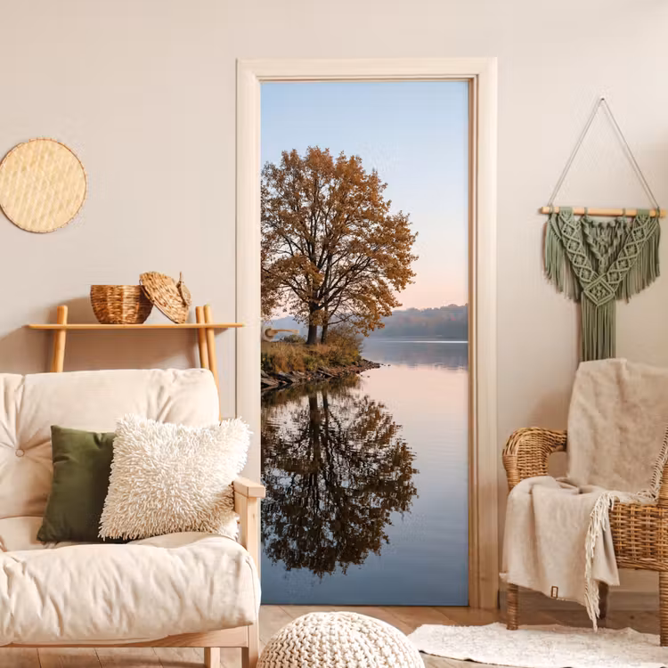 Bomen - Reflectie - Water - Zonsopgang - Serene deurposter klein -sfeer2