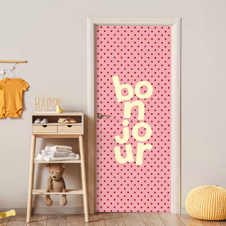 Bonjour - Stippen - Roze- Geel deurposter klein -sfeer4