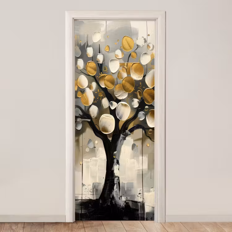 Boom - Abstract - Beige - Goud - Zwart deurposter klein -3d_beige