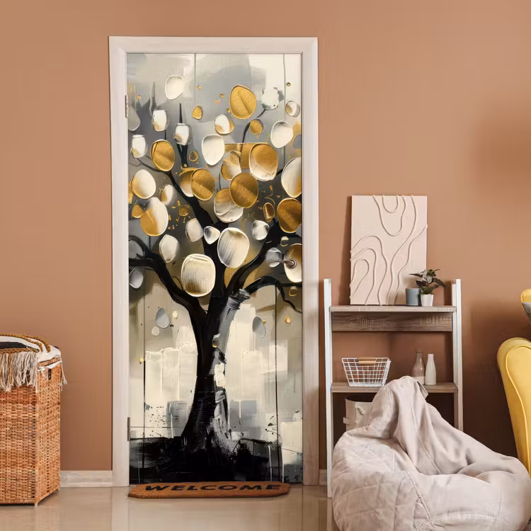 Boom - Abstract - Beige - Goud - Zwart deurposter klein -sfeer1
