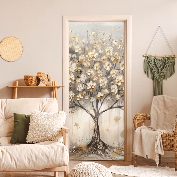 Boom - Beige - Goud - Verflook - Grijs deurposter klein -sfeer2
