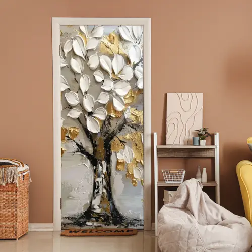 Boom - Beige - Grijs - Goud - Abstract deurposter klein -sfeer1
