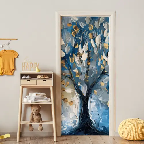 Boom - Blauw - Goud - Abstract deurposter klein -sfeer4