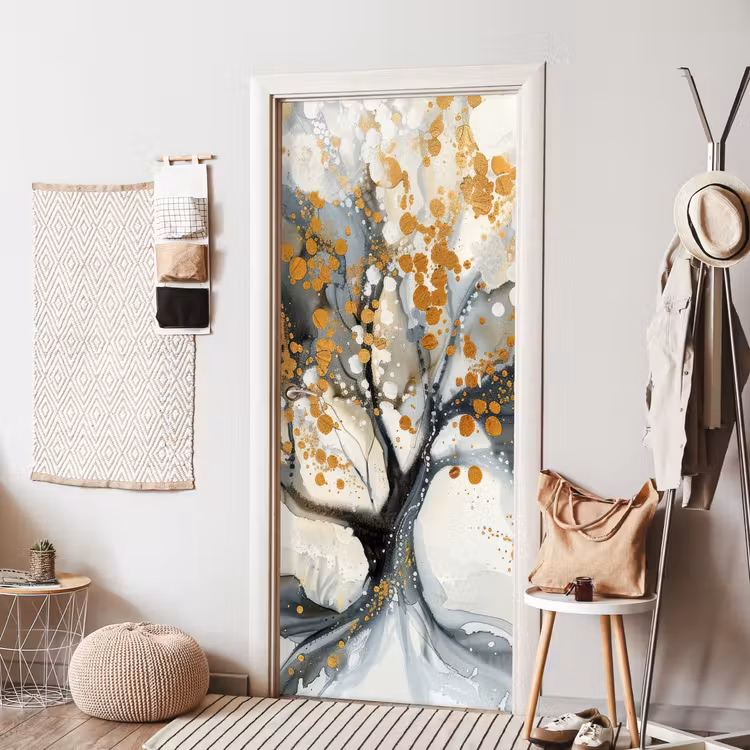 Boom - Modern - Abstract - Goud - Zwart - Wit deurposter klein -sfeer6