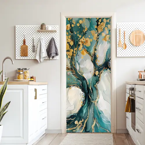 Boom - Modern - Verflook - Turquoise - Goud deurposter klein -sfeer5
