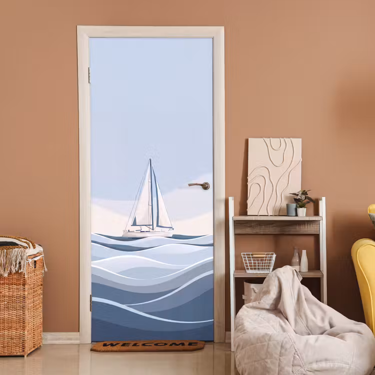 Boot - Zeil - Zee - Modern - Beige deurposter klein -sfeer1
