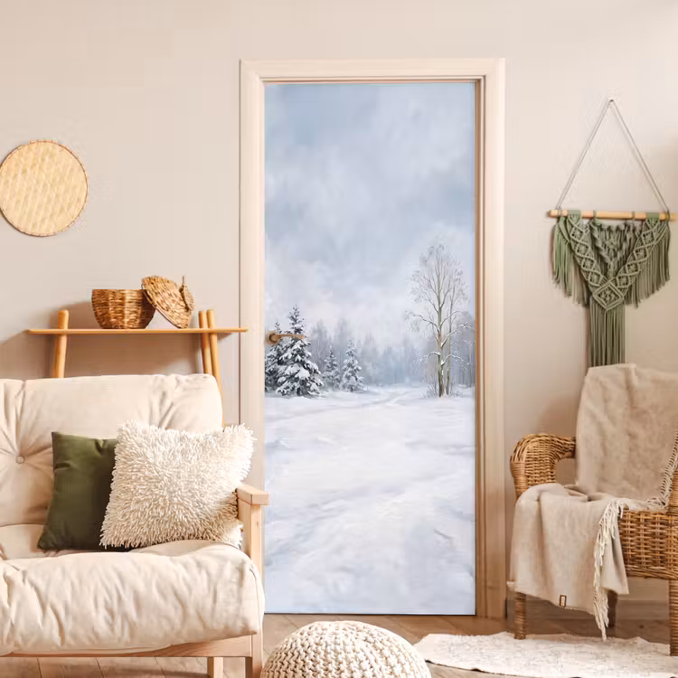 Bospad - Dennen - Sneeuw - Winter - Rustgevend deurposter klein -sfeer2