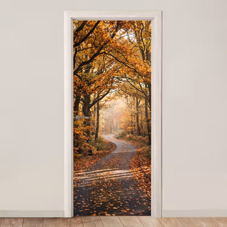 Bospad - Herfstbos - Bladeren - Oranje - Nostalgisch deurposter klein -3d_beige