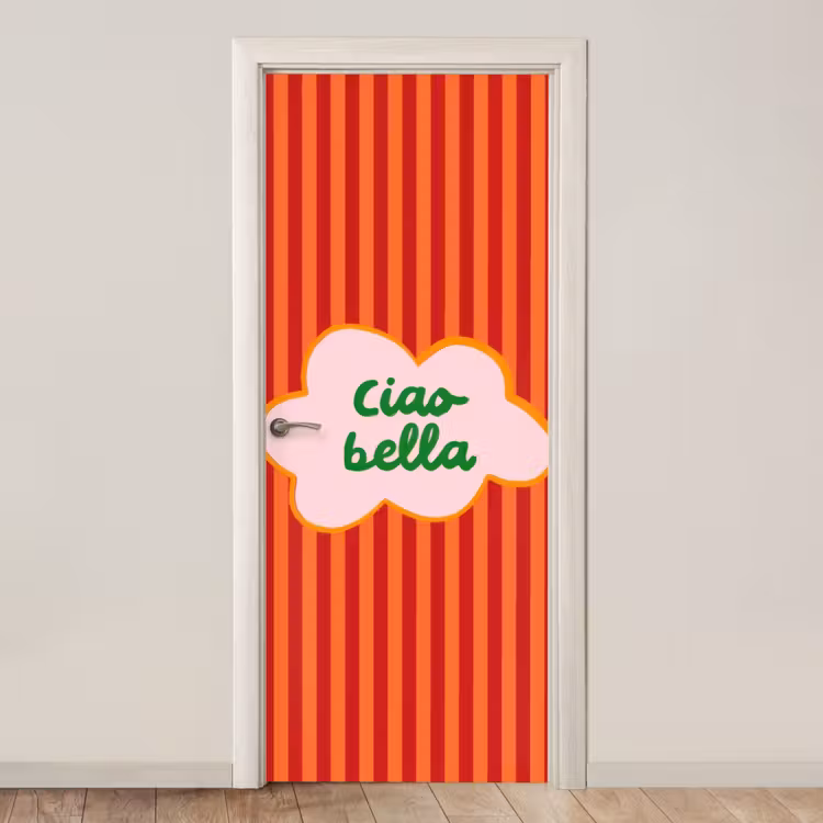 Ciao bella - Tekstwolk - Strepen - Oranje deurposter klein -3d_beige