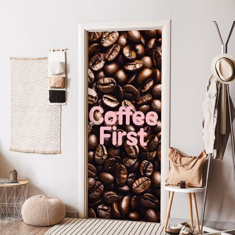 Coffee First - Koffiebonen - Roze deurposter klein -sfeer6