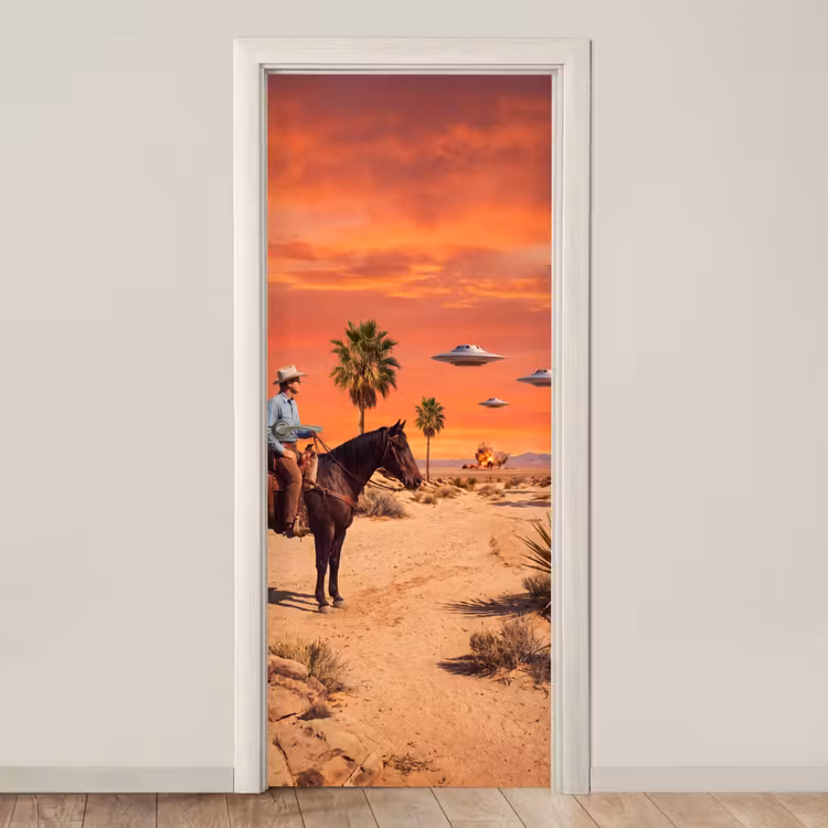 Deursticker - Cowboy - Paard - Woestijn - Cowboy - Paard - Woestijn deurposter klein