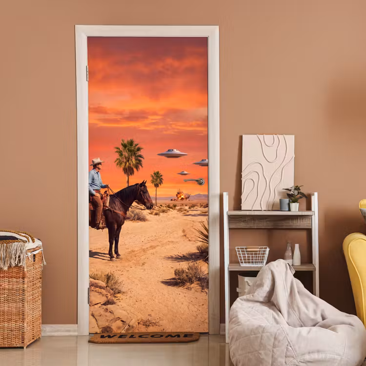 Deursticker - Cowboy - Paard - Woestijn - Cowboy - Paard - Woestijn deurposter klein