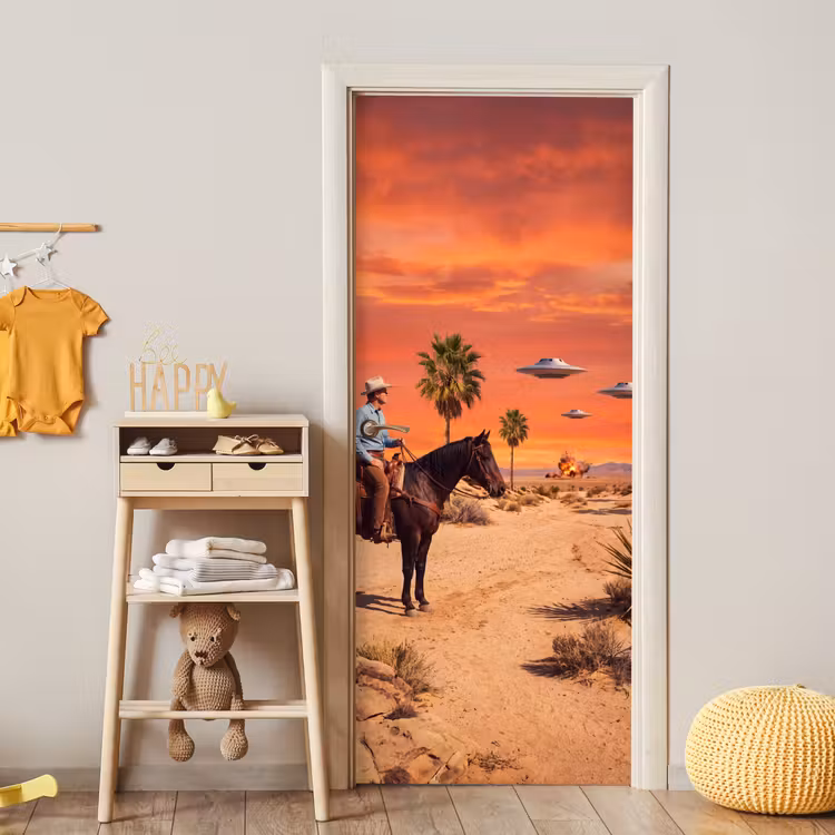 Deursticker - Cowboy - Paard - Woestijn - Cowboy - Paard - Woestijn deurposter klein
