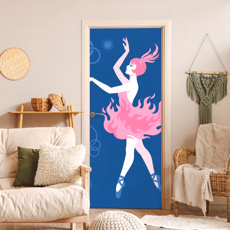 Danseres - Vlammenrok - Abstract - Roze - Blauw deurposter klein -sfeer2