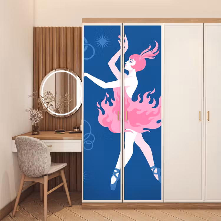Danseres - Vlammenrok - Abstract - Roze - Blauw deurposter klein -sfeer3