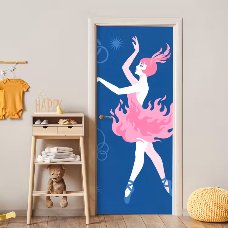Danseres - Vlammenrok - Abstract - Roze - Blauw deurposter klein -sfeer4
