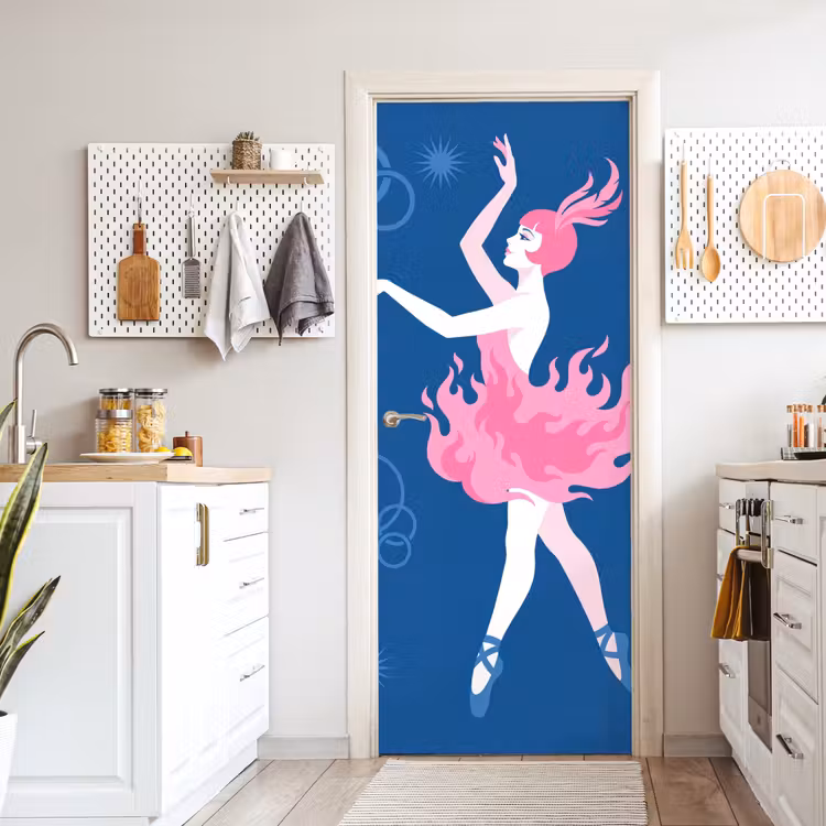Danseres - Vlammenrok - Abstract - Roze - Blauw deurposter klein -sfeer5