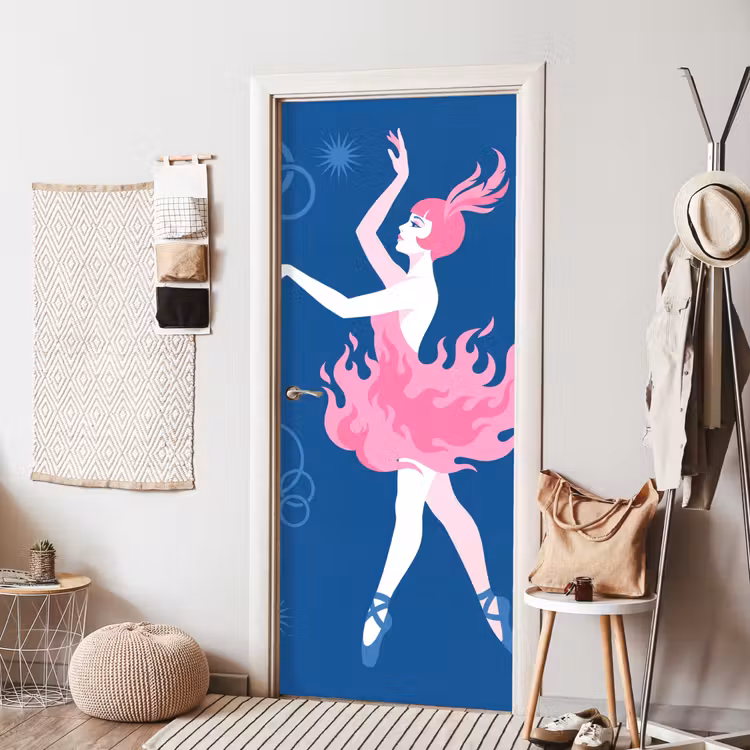 Danseres - Vlammenrok - Abstract - Roze - Blauw deurposter klein -sfeer6