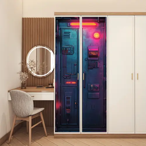Deur - Futuristisch - Blauw - Roze - Neon deurposter klein -sfeer3