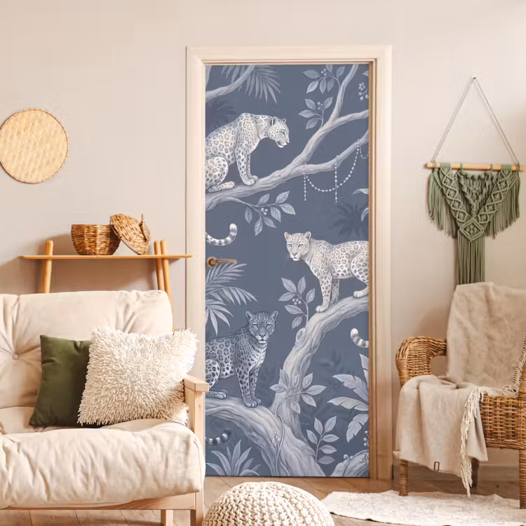 Dieren - Jungle - Illustratie - Bomen - Blauw deurposter klein -sfeer2