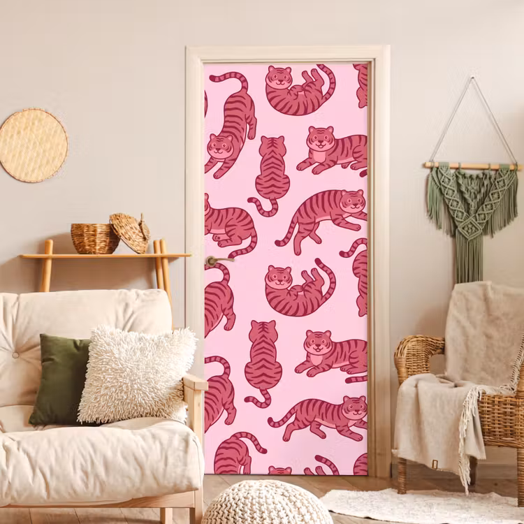 Dieren - Patroon - Roze - Speels - Cartoon deurposter klein -sfeer2