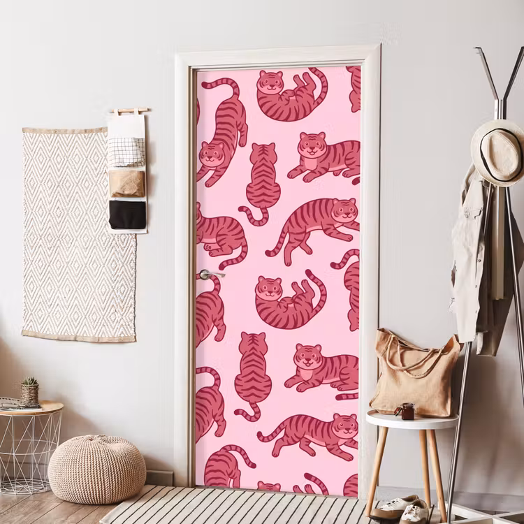 Dieren - Patroon - Roze - Speels - Cartoon deurposter klein -sfeer6