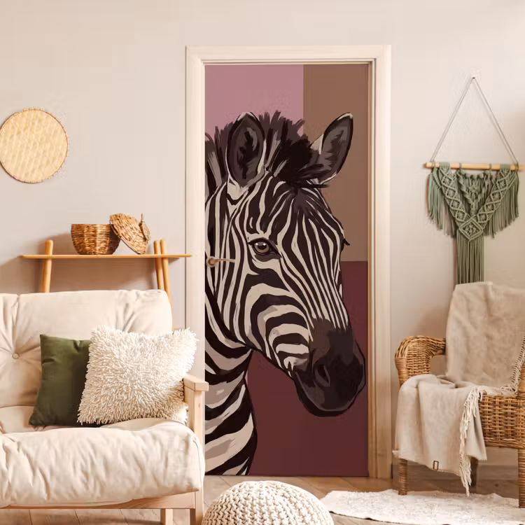 Dieren - Zebrahoofd - Wildlife - Modern - Bruin deurposter klein -sfeer2