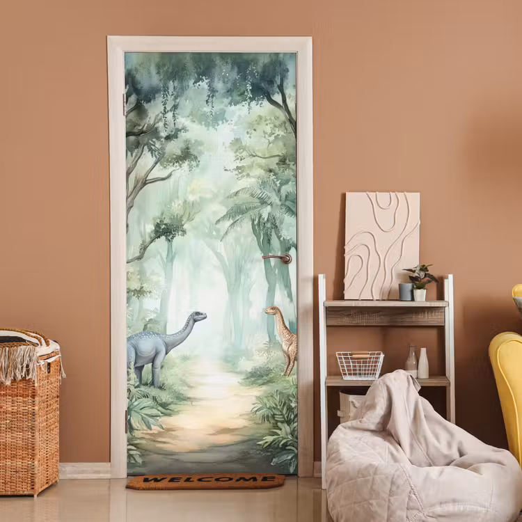 Dino - Jungle - Dinosaurus - Groen deurposter klein -sfeer1