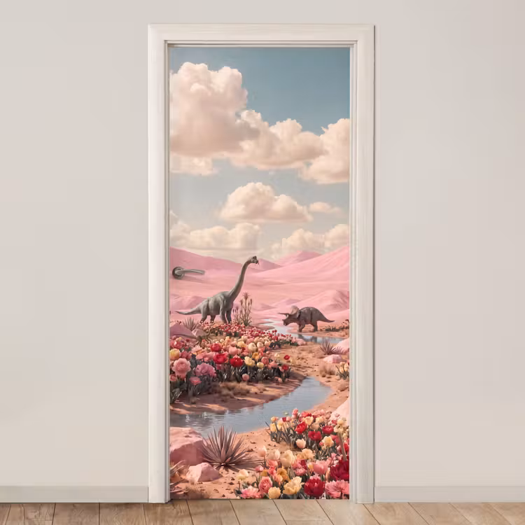 Deursticker - Dinosaurus - Roze - Landschap - Dinosaurus - Roze - Landschap deurposter klein