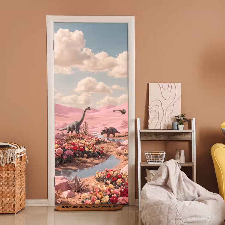 Deursticker - Dinosaurus - Roze - Landschap - Dinosaurus - Roze - Landschap deurposter klein