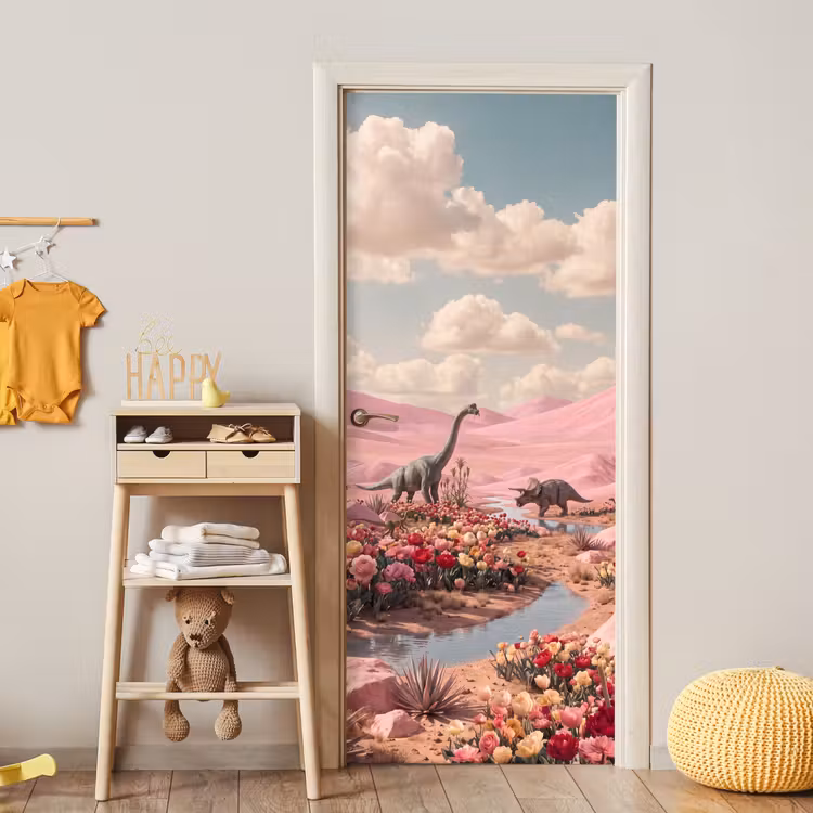 Deursticker - Dinosaurus - Roze - Landschap - Dinosaurus - Roze - Landschap deurposter klein