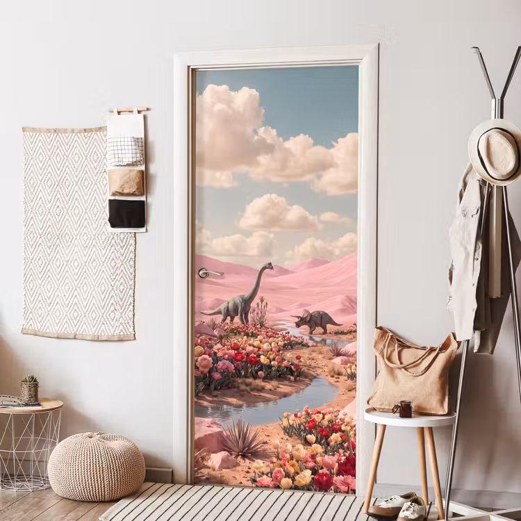 Deursticker - Dinosaurus - Roze - Landschap - Dinosaurus - Roze - Landschap deurposter klein