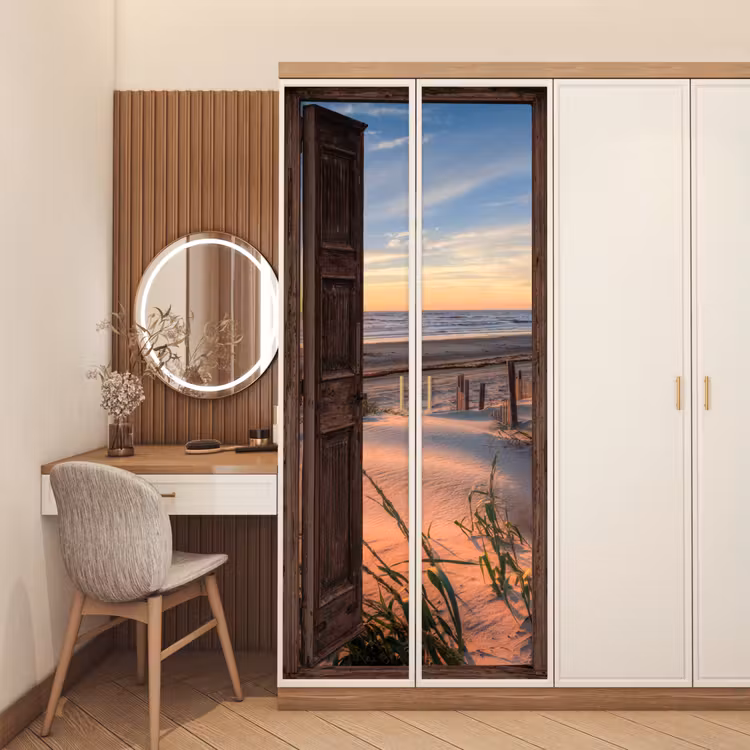 Doorkijk - Strand - Zee - Natuur - Duinen deurposter klein -sfeer3