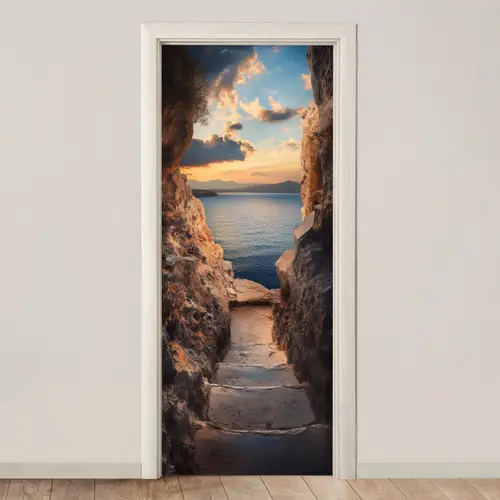 Doorkijk - Uitzicht - Landschap - Zee - Rotsen deurposter klein -3d_beige