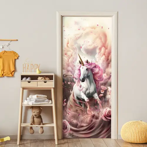 Eenhoorn - Meisje - Roze - Bloemen - Sprookje deurposter klein -sfeer4