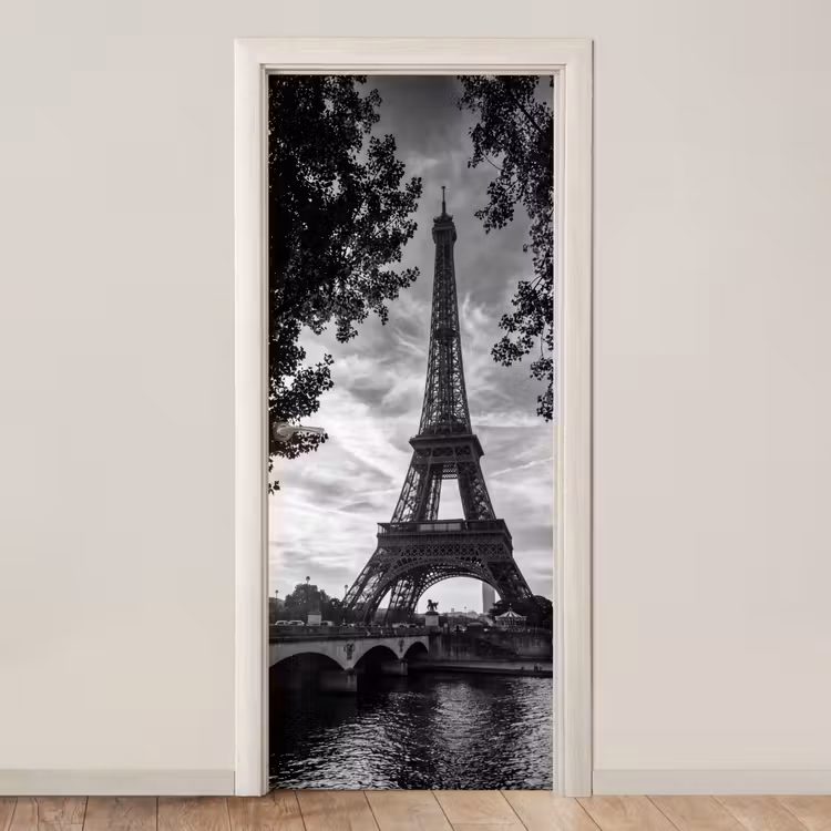 Eiffeltoren - Parijs - Rivier - Architectuur - Zwart-wit deurposter klein -3d_beige