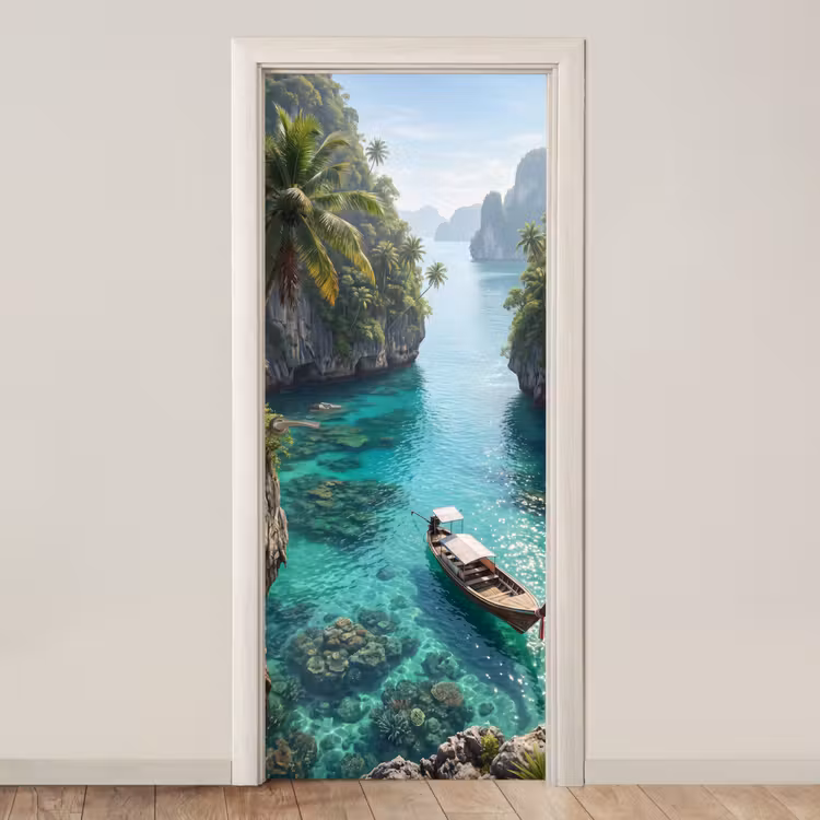 Eiland - Tropisch - Water - Palmbomen - Natuur deurposter klein -3d_beige